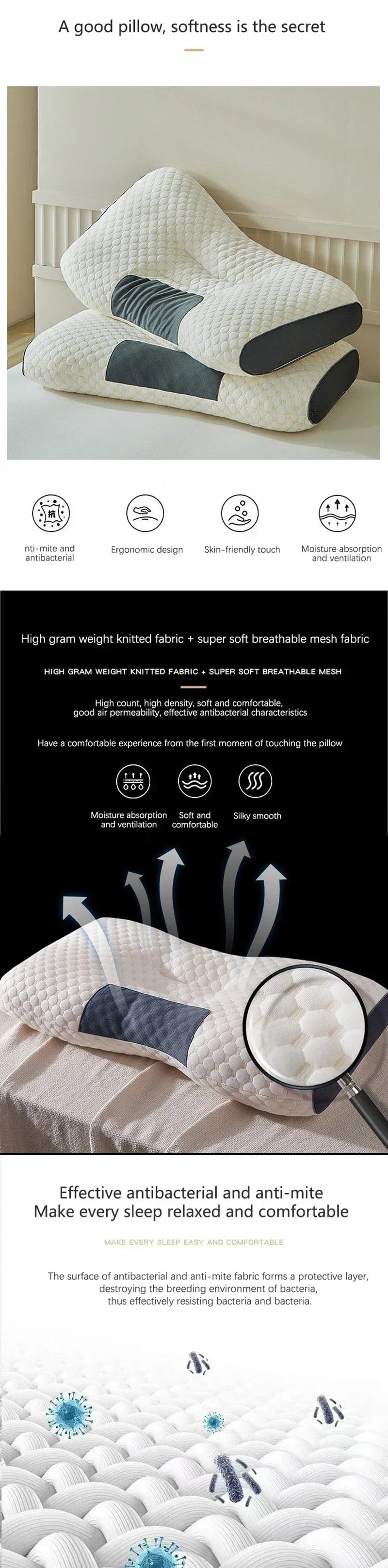 High Quality Washable Knitted Massage Pillow, Hypoallergenic Non-Collapse Neck Support Pillow for Better Sleep & Household Use